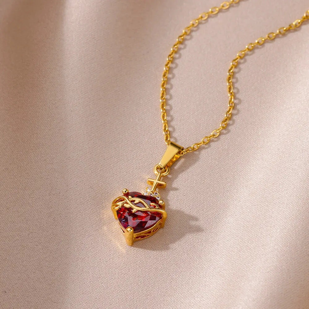 New Heart-shaped Cross Zircon Necklace Red Pendant Female Personality