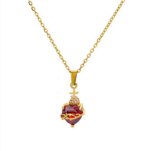 New Heart-shaped Cross Zircon Necklace Red Pendant Female Personality